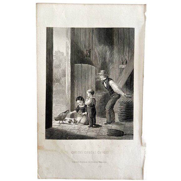 Chick Children Feeding Chickens Steel Engraving 1859 Victorian Farmhouse DWY5C - Picture 2 of 2
